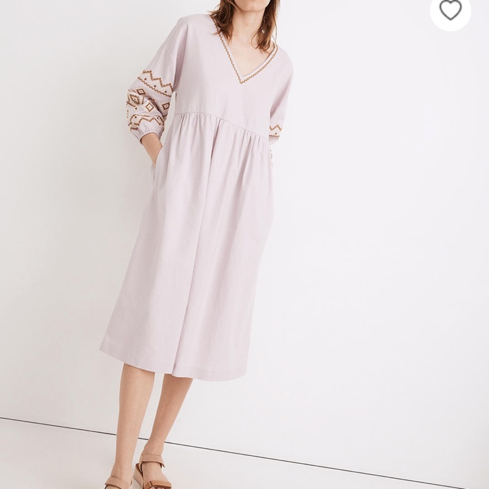 100% Linen Embroidered-Sleeve Pop Over Midi Dress